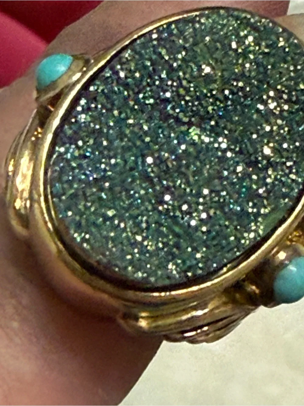 Gold Wash Sterling Silver 925 Druzy Ring Size 6.25-6.5 Turquoise Side Stones